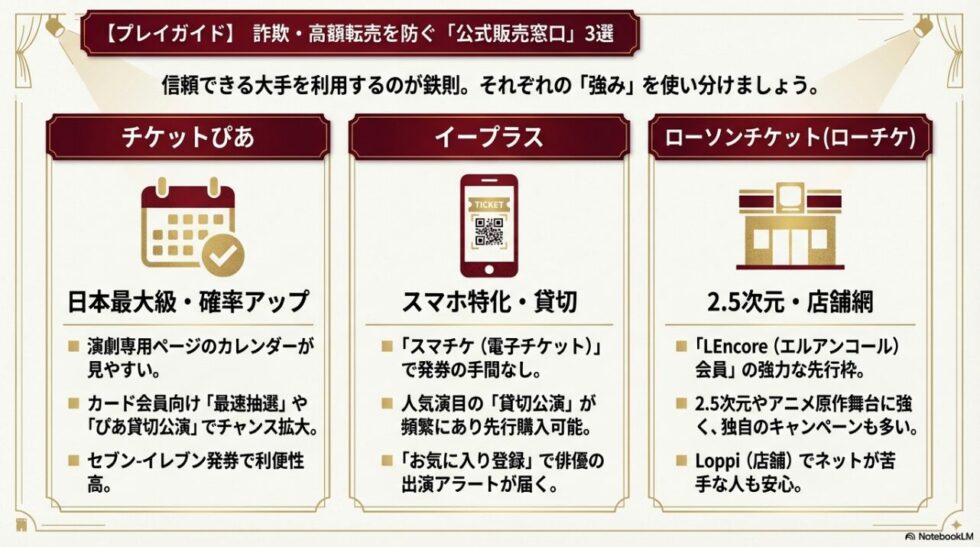チケットぴあ、イープラス、ローソンチケットの3大プレイガイドの強み(貸切公演、先行枠、利便性)を比較した図解。