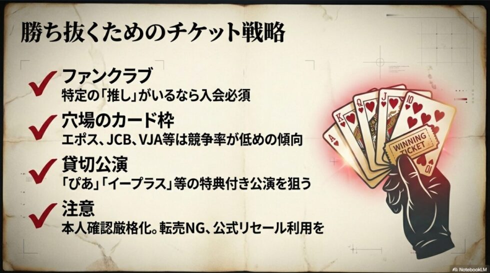 ファンクラブ、カード枠、貸切公演などのチケット入手ルートと、本人確認厳格化の注意点 。