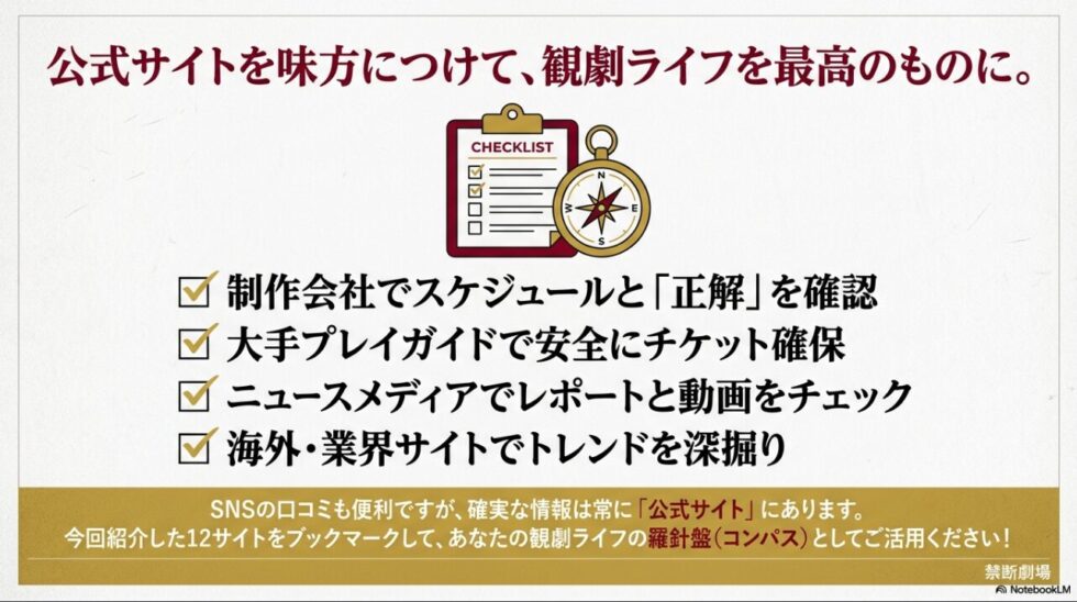 制作会社、プレイガイド、メディア、海外サイトを使い分けるための、観劇ライフの羅針盤となるチェックリスト。