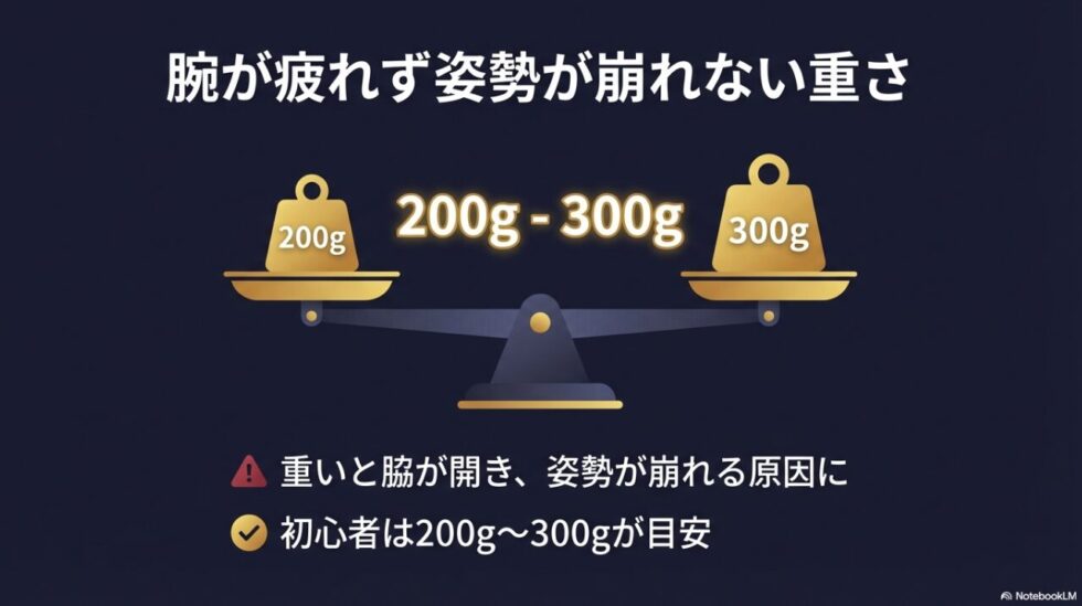 腕が疲れず姿勢が崩れない双眼鏡の重さは200gから300gが目安であることを示す天秤のイラスト