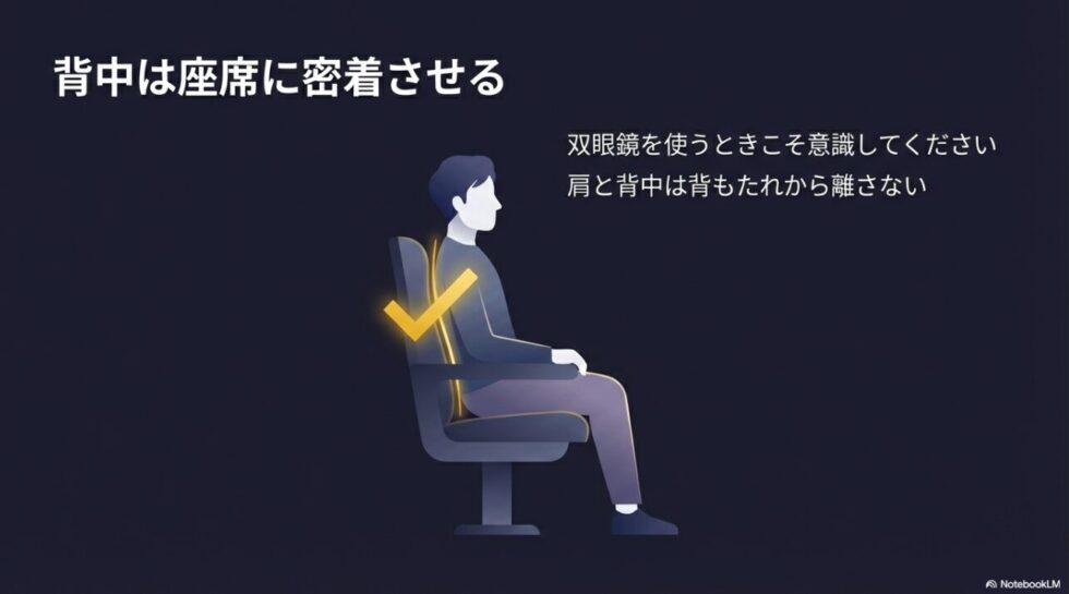 双眼鏡を使用する際、肩と背中を座席の背もたれから離さない正しい姿勢を示したイラスト