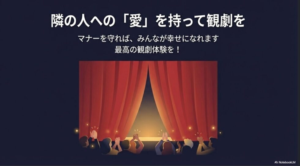 隣の人への愛を持ってマナーを守り、みんなで最高の観劇体験を作ることを呼びかけるイラスト