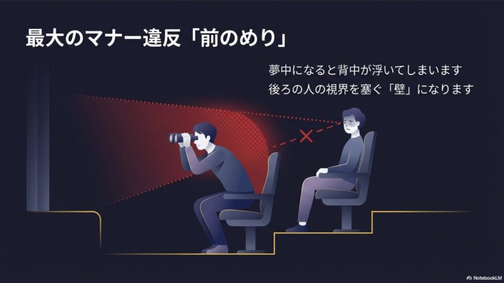 観劇中に前のめりになると後ろの人の視界を塞ぐ「壁」になってしまうことを警告するイラスト