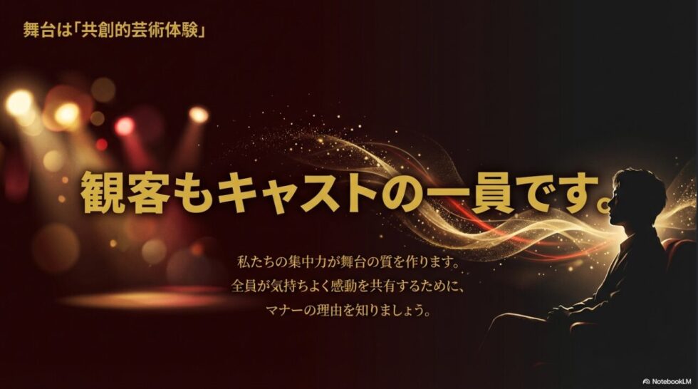観客もキャストの一員であり、全員の集中力が舞台の質を作るという「共創」の考え方の説明 。