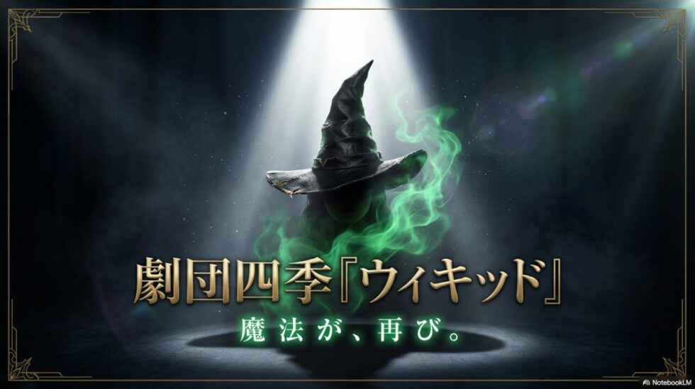 劇団四季『ウィキッド』、魔法が、再び。と書かれたタイトルスライド